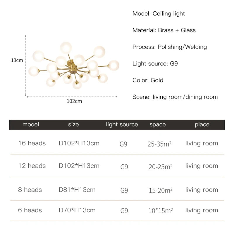 Modern LED Chandelier - Copper Gold Brass Design with Glass Ball Accents