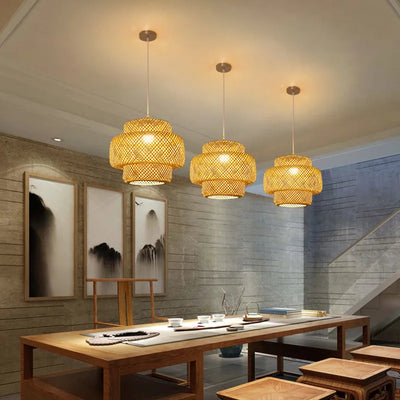 Natural Bamboo Lantern Pendant Light - Handwoven Rattan Wicker Chandelier for Home & Restaurant Decor