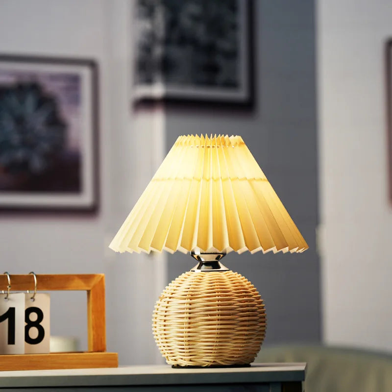 Vintage Pleated Table Lamp - Rattan LED Table Lamp for Living Room, Study, and Bedside Desk
