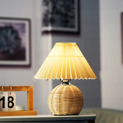 Vintage Pleated Table Lamp - Rattan LED Table Lamp for Living Room, Study, and Bedside Desk