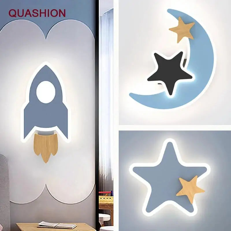LED Wall Lamp - Modern Cartoon Children's Bedroom Lighting with Creative Moon, Star, and Rocket Designs