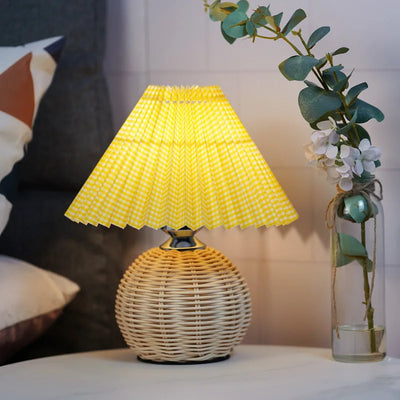 Vintage Pleated Table Lamp - Rattan LED Table Lamp for Living Room, Study, and Bedside Desk