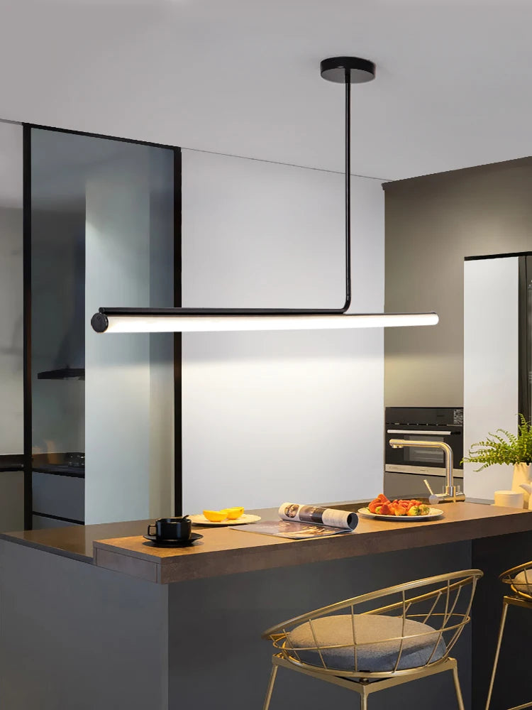 Modern Dimmable Black Long Tube LED Chandelier for Dining Table - Minimalist Pendant Lights for Kitchen Decor
