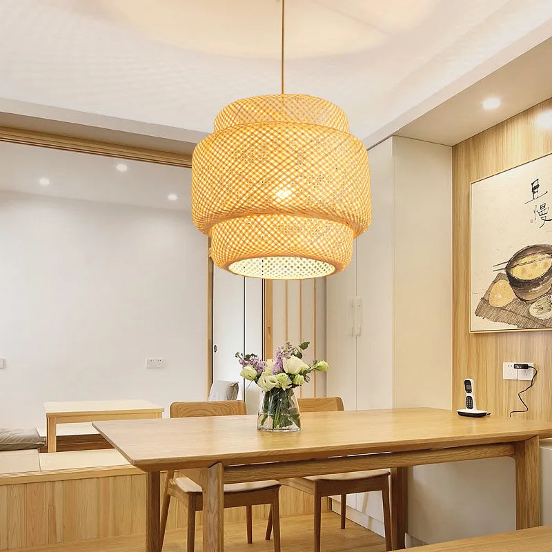 Natural Bamboo Lantern Pendant Light - Handwoven Rattan Wicker Chandelier for Home & Restaurant Decor