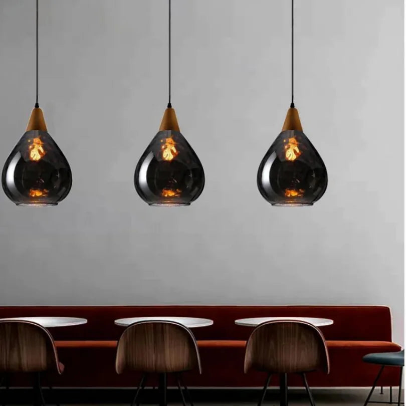 Modern Glass Pendant Light - Vintage Wood Accent for Kitchen Island and Loft Decoration