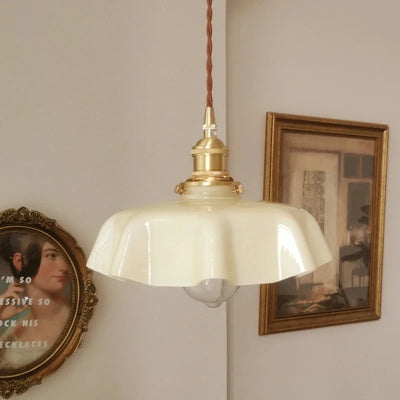 French Cream Brass Pendant Lighting – Retro Glass Pendant Light for Restaurant, Bay Window, Balcony, and Bedroom
