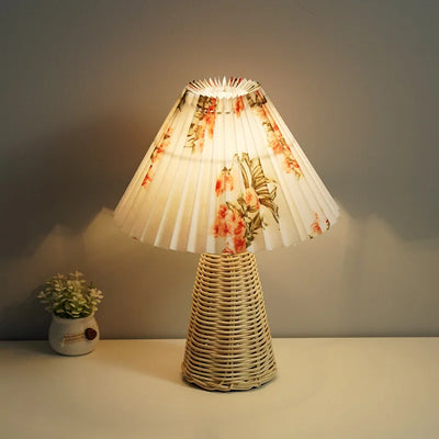 Vintage Pleated Table Lamp - Rattan LED Table Lamp for Living Room, Study, and Bedside Desk