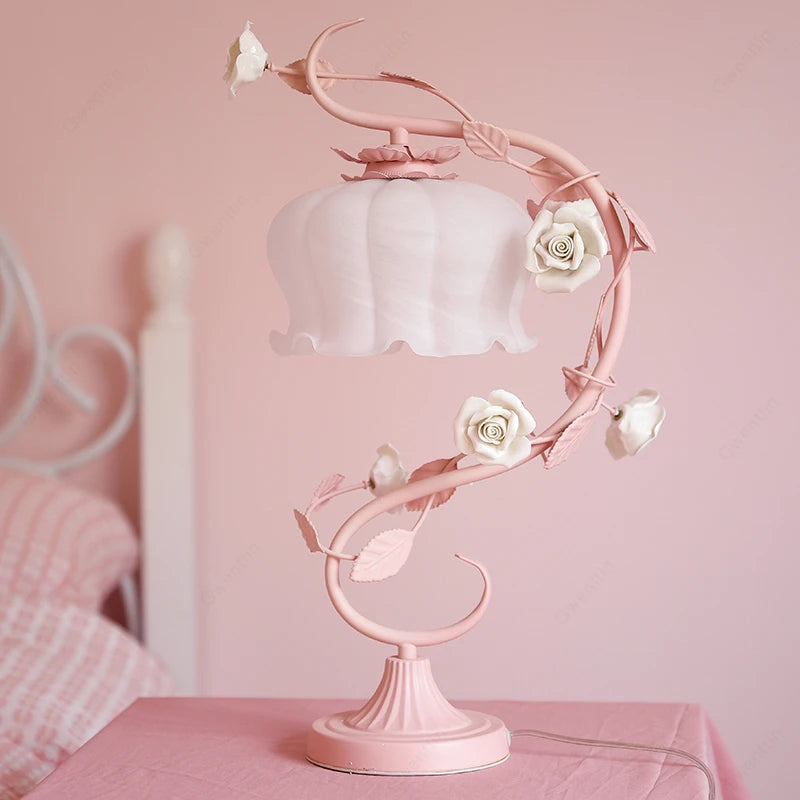 Romantic European-style Pink Rose Table Lamp – LED Bedside Night Light for Bedroom, Princess and Children’s Room