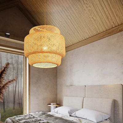 Natural Bamboo Lantern Pendant Light - Handwoven Rattan Wicker Chandelier for Home & Restaurant Decor