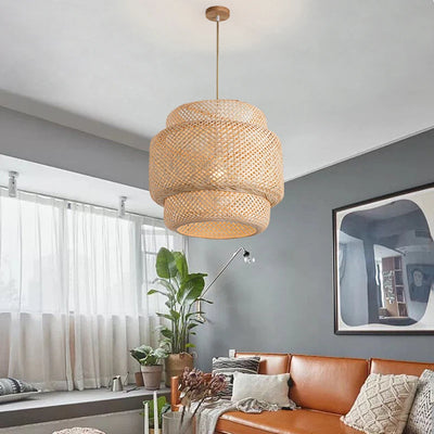 Natural Bamboo Lantern Pendant Light - Handwoven Rattan Wicker Chandelier for Home & Restaurant Decor