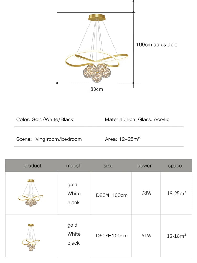 Modern LED Chandelier - Golden Pendant Lighting Fixture for Living Room, Bedroom, Dining Room, Kitchen