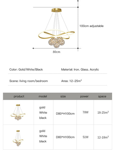 Modern LED Chandelier - Golden Pendant Lighting Fixture for Living Room, Bedroom, Dining Room, Kitchen