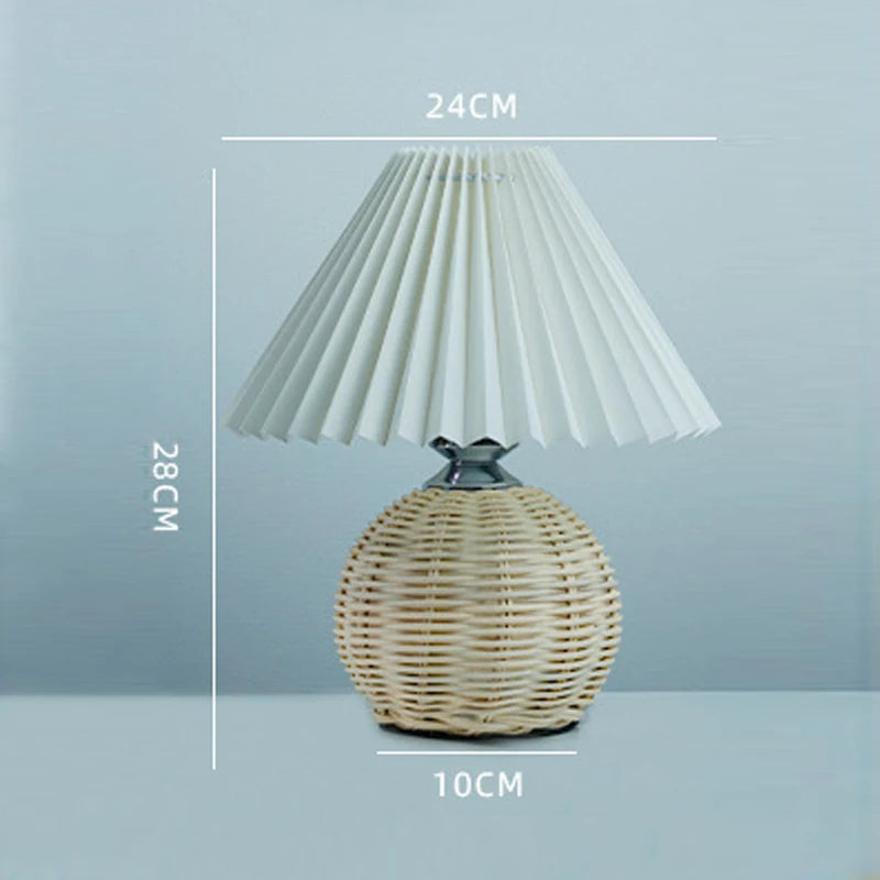 Vintage Pleated Table Lamp - Rattan LED Table Lamp for Living Room, Study, and Bedside Desk