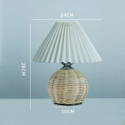 Vintage Pleated Table Lamp - Rattan LED Table Lamp for Living Room, Study, and Bedside Desk