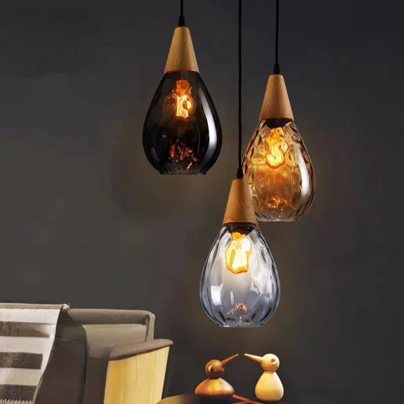 Modern Glass Pendant Light - Vintage Wood Accent for Kitchen Island and Loft Decoration