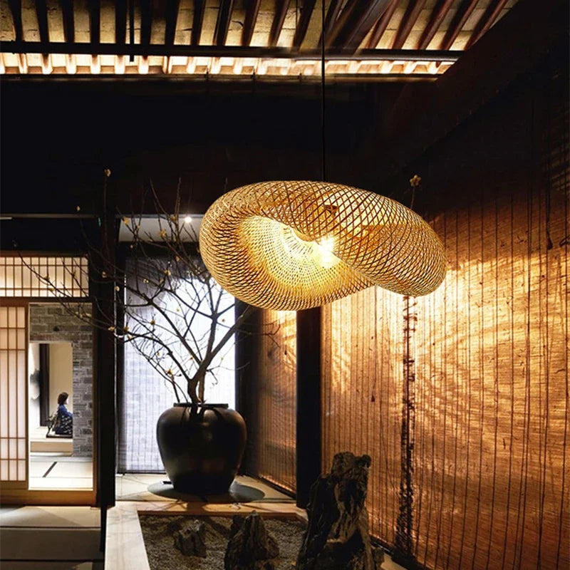 Hand-Knitted Chinese Style Bamboo Pendant Lamp - Decorative Lighting for Restaurant, Bedroom, and Study