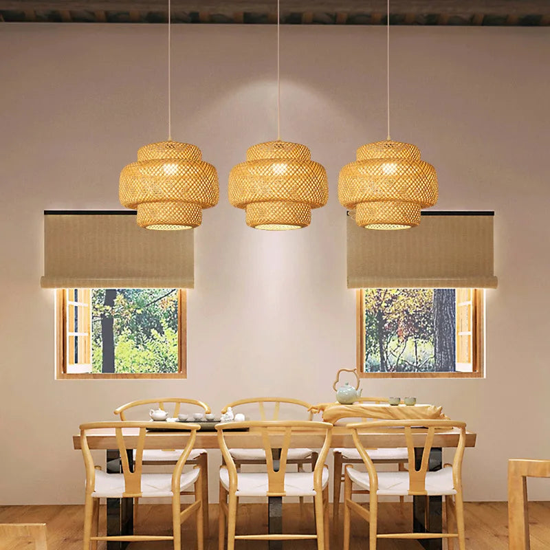 Natural Bamboo Lantern Pendant Light - Handwoven Rattan Wicker Chandelier for Home & Restaurant Decor