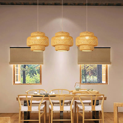 Natural Bamboo Lantern Pendant Light - Handwoven Rattan Wicker Chandelier for Home & Restaurant Decor