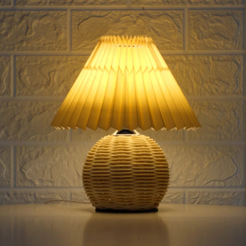Vintage Pleated Table Lamp - Rattan LED Table Lamp for Living Room, Study, and Bedside Desk