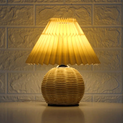 Vintage Pleated Table Lamp - Rattan LED Table Lamp for Living Room, Study, and Bedside Desk
