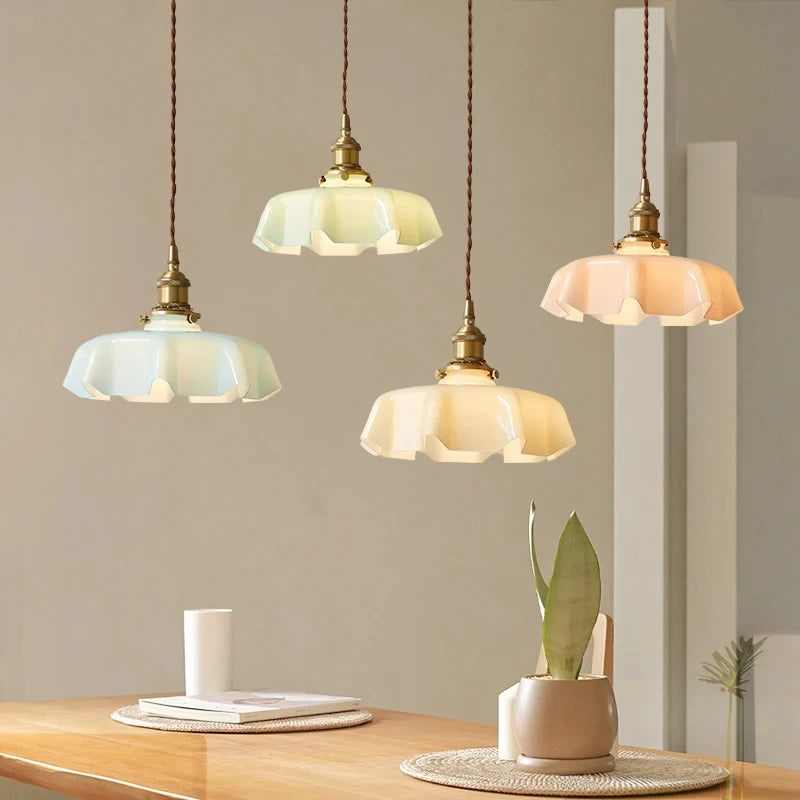 French Cream Brass Pendant Lighting – Retro Glass Pendant Light for Restaurant, Bay Window, Balcony, and Bedroom
