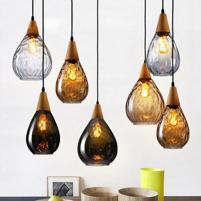 Modern Glass Pendant Light - Vintage Wood Accent for Kitchen Island and Loft Decoration