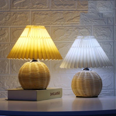 Vintage Pleated Table Lamp - Rattan LED Table Lamp for Living Room, Study, and Bedside Desk